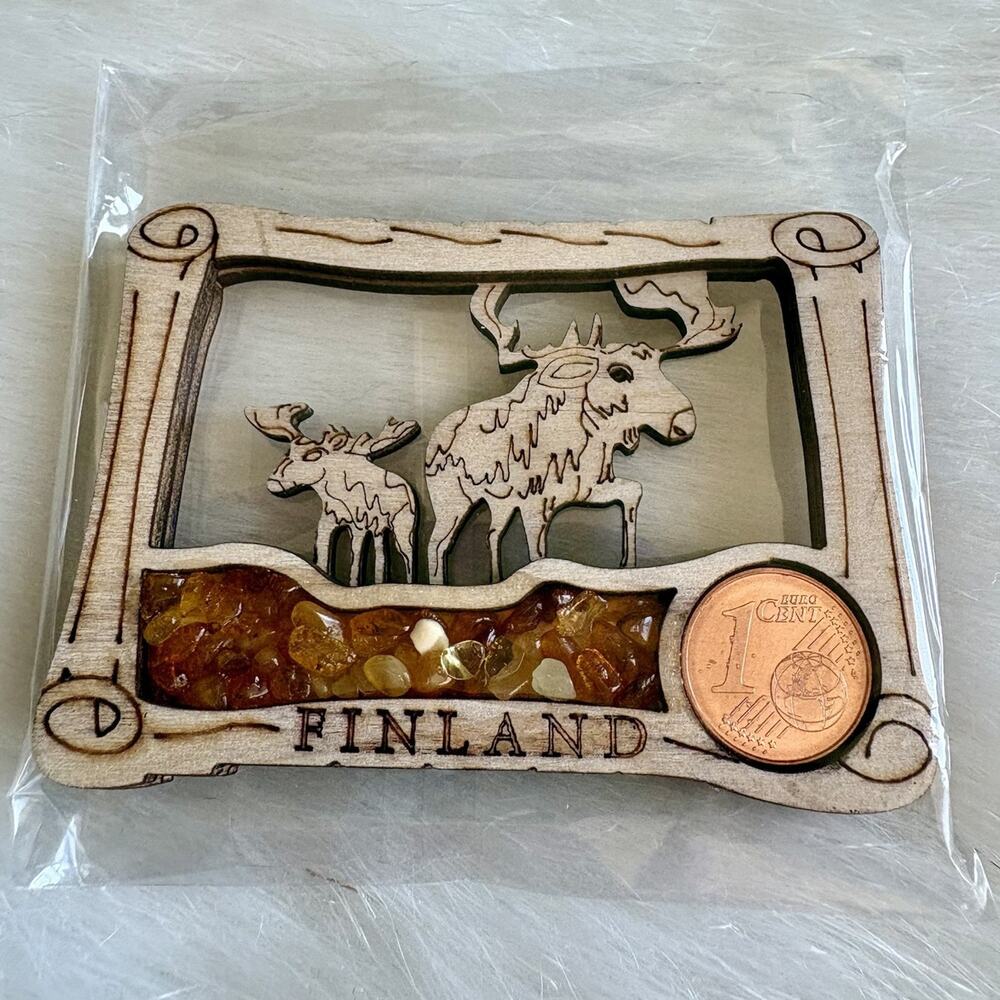 Finland Moose Reindeer Wood Fridge Magnet w/ Baltic Amber & 1 Euro Cent Coin